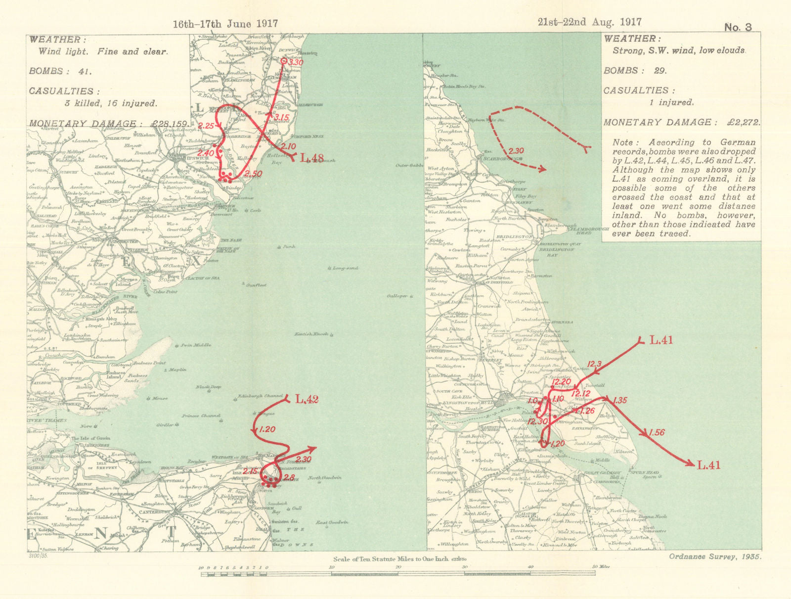 WW1 German Airship Raid 16–17 June; 21–22 August 1917 Yorkshire Suffolk 1935 map